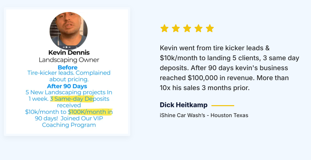 5-star client review screenshot describing landscaping growth from $10k/month to $100k/month in 90 days.